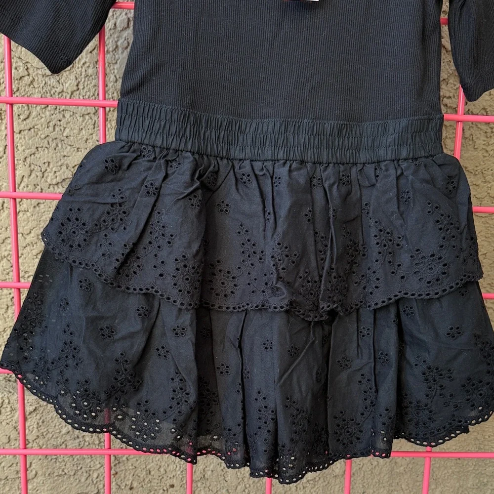 New GAP Mixed Media Black Cotton Eyelet Dress with Short Sleeve